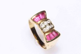 18 carat gold, ruby and diamond 'bow tie' design ring, having six diamonds and six rubies, size Q.