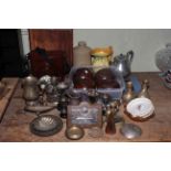 Carl Zeiss Jena 10x50 binoculars, collection of metalwares, mantel clock, wooden bowls,