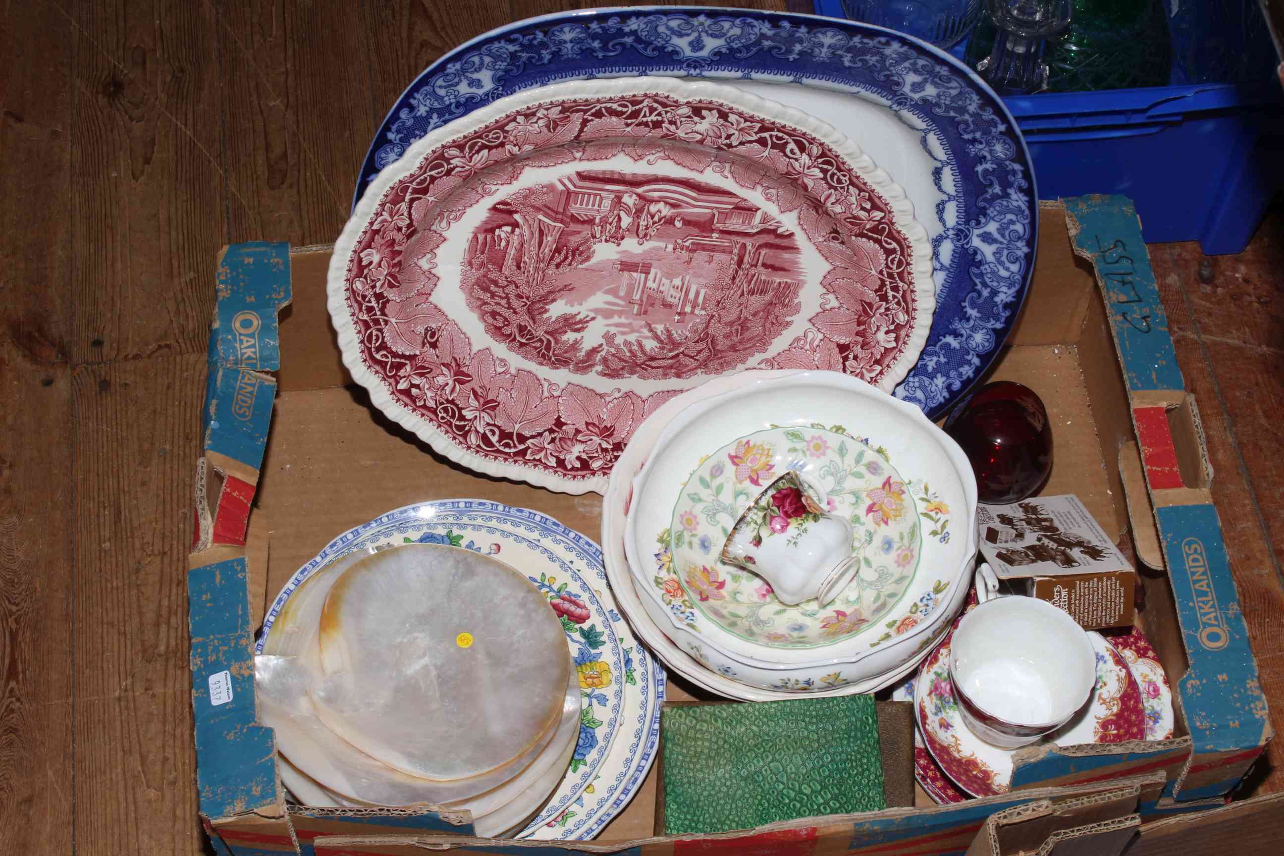 Glass epergne, four glass decanters, blue and white meat plate, Masons Vista meat plate and bowl, - Image 2 of 3