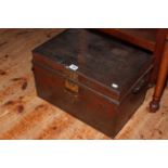 Two handled metal deed box with coat of arms centre, 43cm by 28cm by 27cm.