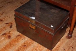 Two handled metal deed box with coat of arms centre, 43cm by 28cm by 27cm.
