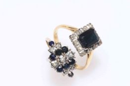 Two sapphire and diamond gold rings, one with 1 carat rectangular sapphire (2).