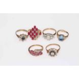 Collection of six 9 carat gold gem set rings.
