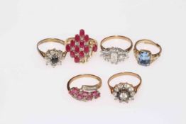 Collection of six 9 carat gold gem set rings.