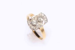 Diamond set 18 carat gold ring, having two stones with sixteen in a border, size R.