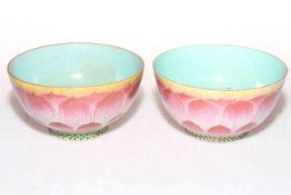 Pair Chinese bowls with print leaf decoration, iron red and gilt mark, 10.5cm.