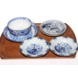 Blue and white transfer printed bowl and dish and four 18th Century Oriental dishes.