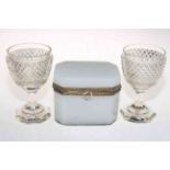 Gilt metal mounted opaque casket and pair of hobnail crystal goblets (3).