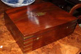 Mahogany and brass bound cutlery box with two compartments, 49cm by 39cm by 17cm.