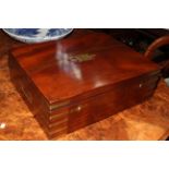 Mahogany and brass bound cutlery box with two compartments, 49cm by 39cm by 17cm.