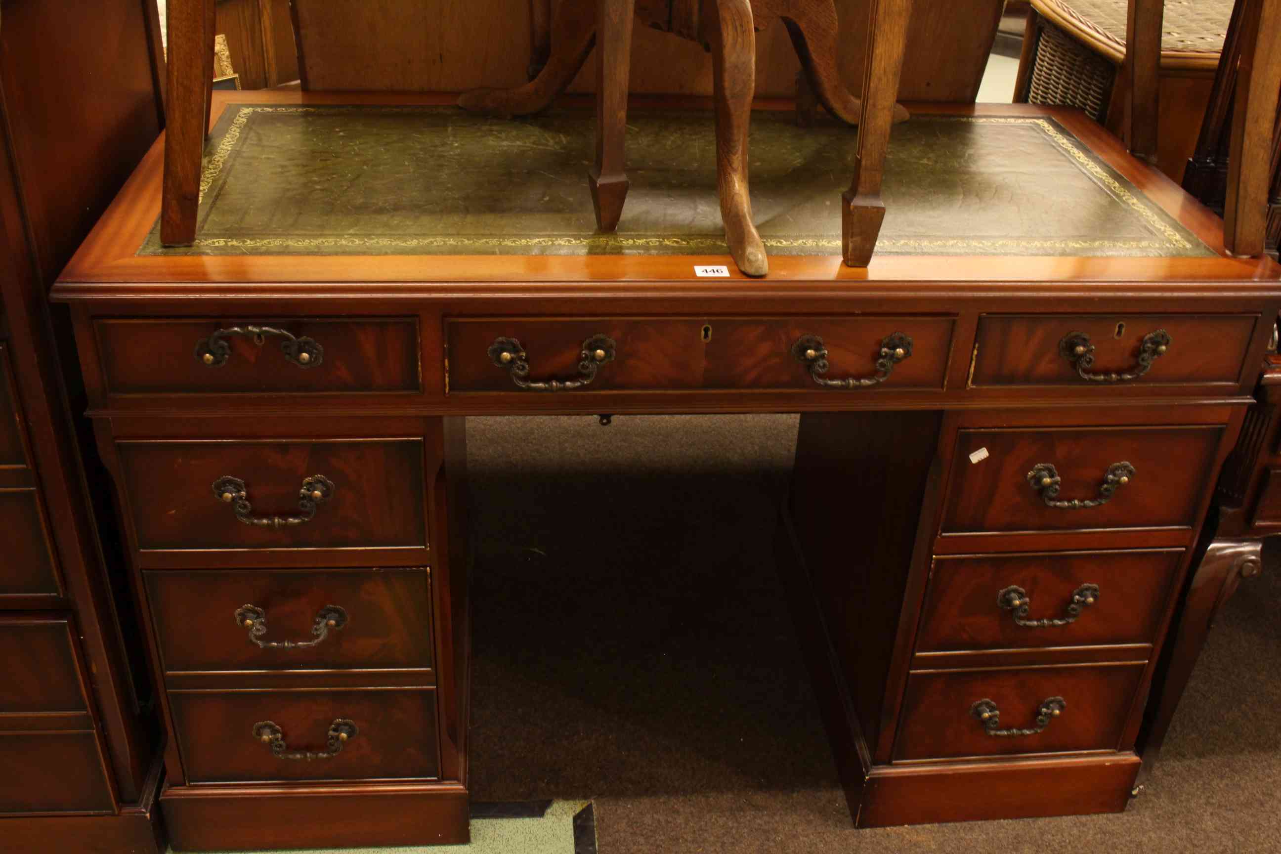 Mahogany seven drawer pedestal desk, 77cm high by 121cm wide by 61cm deep, - Image 2 of 3