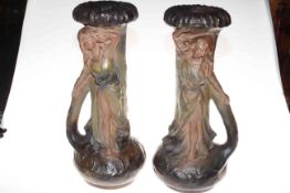 Pair of Art Nouveau vases signed C.L. Jacobs, dated 1921, 47cm high.