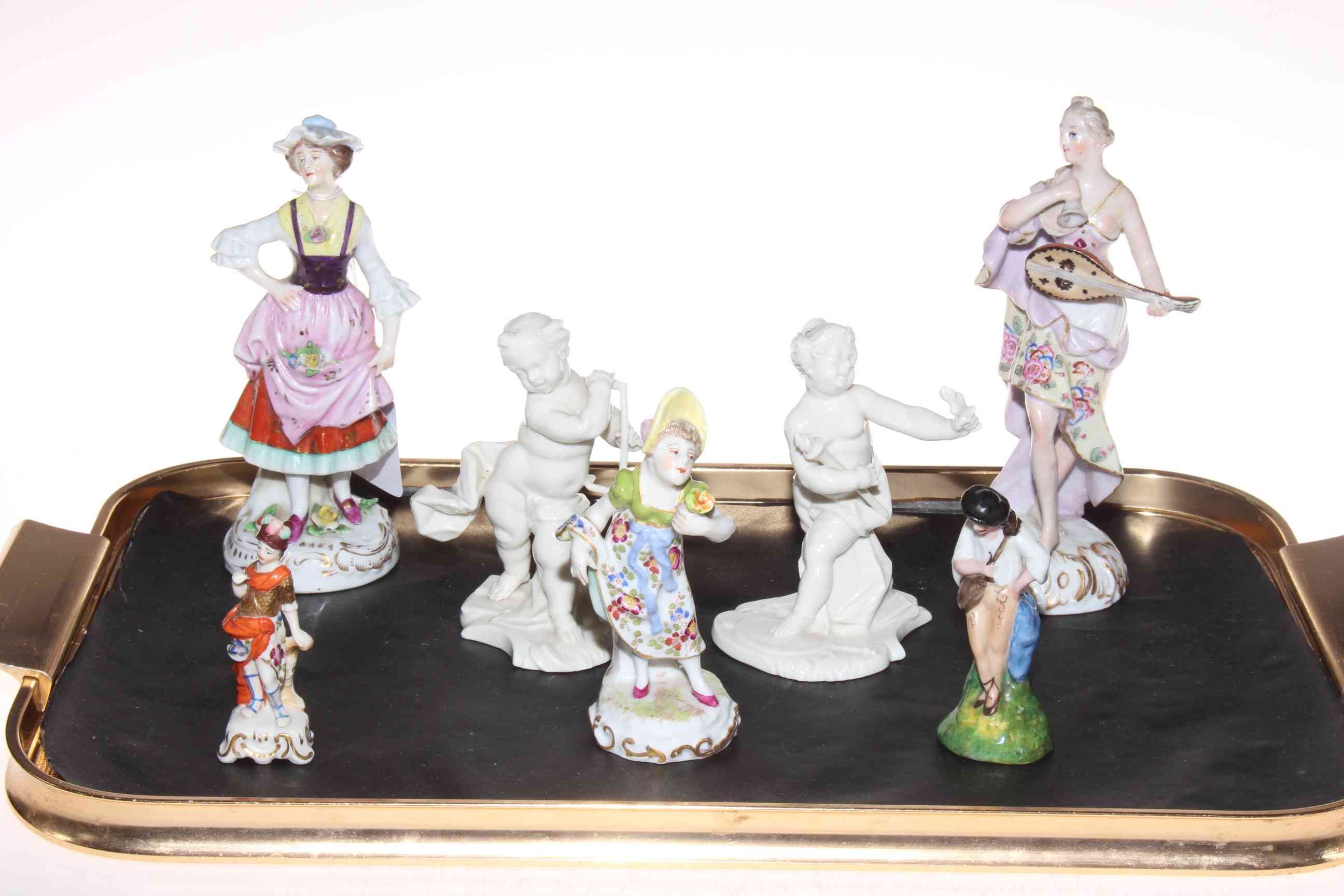 Pair of Nymphenburg Blanc de Chine figures, four Continental figures and Naples figure.