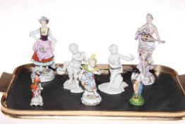 Pair of Nymphenburg Blanc de Chine figures, four Continental figures and Naples figure.