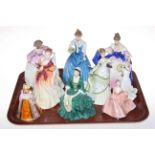 Six Royal Doulton figurines, Sara, Helen, Ashley, Thinking of You, Fiona and Lady from Williamsburg,