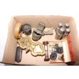 Box of collectables including medicine glass minim measure, chemist glass bottles in metal casing,