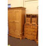 Pine double door wardrobe, five drawer chest and pair pedestals (4).