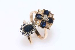 Sapphire and diamond 9 carat gold ring, size Q/R, and another small sapphire and diamond ring (2).