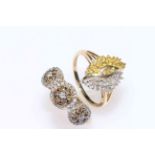 Two 9 carat gold, diamond and gem set ornate rings.