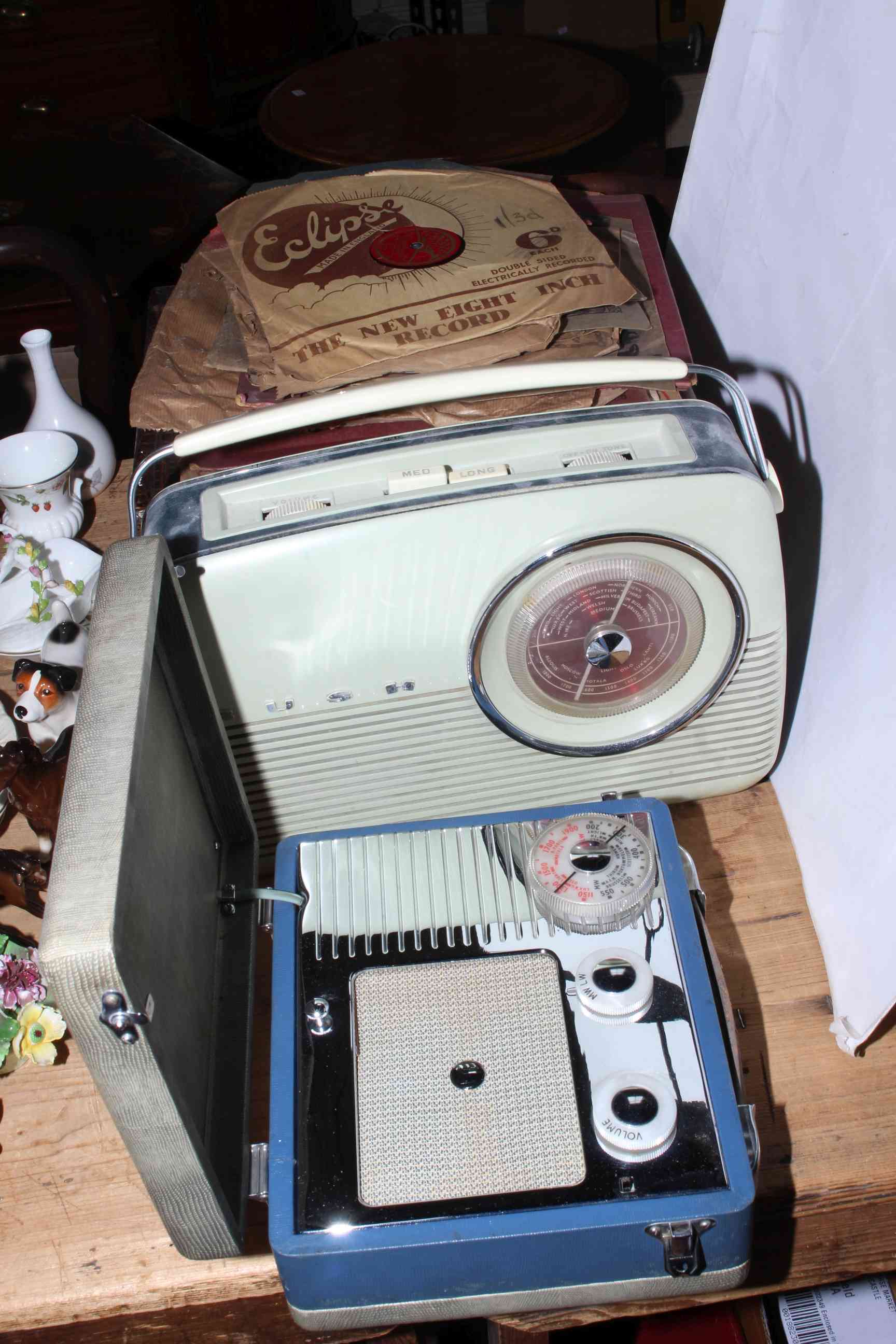 Pye and Bush radios, Sylvaphone gramophone with singles and records.