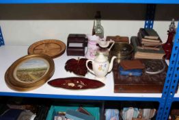 Wedgwood Louvre part dinner ware, cranberry glass decanters, cutlery, books, metalwares, prints.