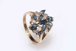 9 carat gold, sapphire and diamond cluster ring, size P.