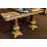 Rectangular marble topped twin pedestal console table, 76cm high by 150cm wide by 37cm deep.