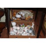 Nine boxes of assorted china, figure teapots, tableware, Studio Pottery, etc.