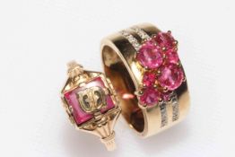 9 carat gold, ruby and diamond band ring, size Q, and 9 carat gold ring with initial (2).