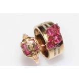 9 carat gold, ruby and diamond band ring, size Q, and 9 carat gold ring with initial (2).