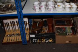 Craft equipment, books, metalware, binoculars, cased cutlery, tools.