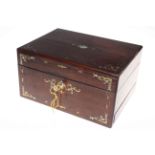 Good Victorian brass and mother of pearl inlaid rosewood dressing table box with silver mounted
