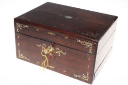 Good Victorian brass and mother of pearl inlaid rosewood dressing table box with silver mounted