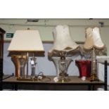 Three crystal glass table lamps with six shades and a modern centre scene light fitting.