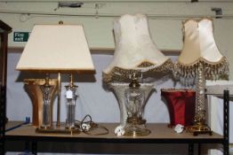 Three crystal glass table lamps with six shades and a modern centre scene light fitting.