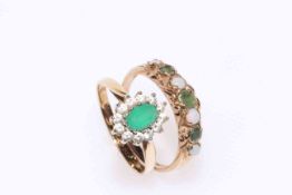 9 carat gold, emerald and opal ring, and other emerald ring (2).