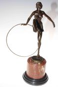 Art Deco style bronze of dancing hoop girl on marble base, 47cm high.