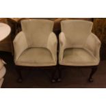Pair occasional tub chairs on ball and claw legs in green draylon.