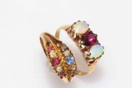 18 carat gold, opal and ruby three stone ring, size Q, and 18 carat gold, diamond,