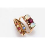 18 carat gold, opal and ruby three stone ring, size Q, and 18 carat gold, diamond,