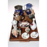 Wedgwood blue Jasperware biscuit barrel, Maling jug, Royal Doulton Old Salt teapot,