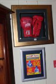 Framed autographed boxing gloves signed by Bluy Hardy with accompanying framed event programme.