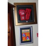 Framed autographed boxing gloves signed by Bluy Hardy with accompanying framed event programme.