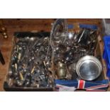 Two boxes of silver plated ware, flatware, etc.