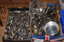 Two boxes of silver plated ware, flatware, etc.