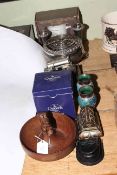 Pair of cloisonne vases, carved squirrel nut bowl, silver plate, Harley Davidson watch, etc.