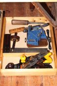 Tray of tools including lathe, chisel, planes, clamp, right angle.