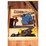 Tray of tools including lathe, chisel, planes, clamp, right angle.