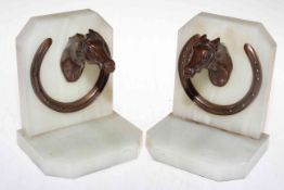 Pair alabaster and bronze patinated metal equestrian bookends, 15.5cm high.