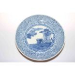 Large Chinese blue and white circular dish decorated with sailing ship, six character mark to base,